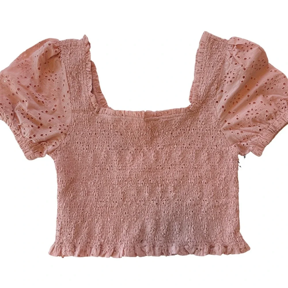 NEW ASTR Smocked Eyelet Puff Sleeve Top Peachy Pink Womens Large Coquette Pastel